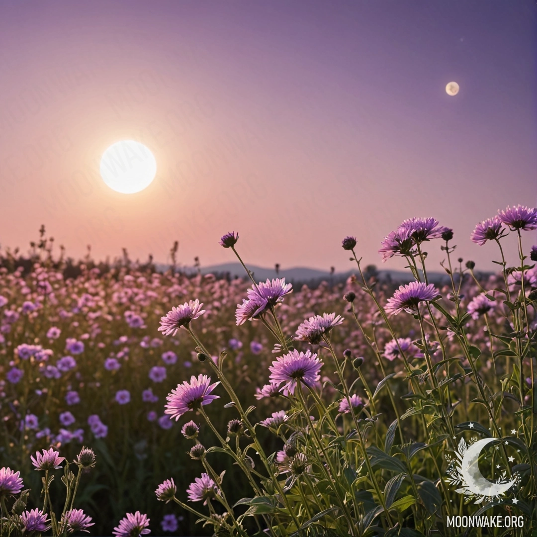 Close-up of colorful flowers in a peaceful field under a pink-violet sky with the moon and sun.