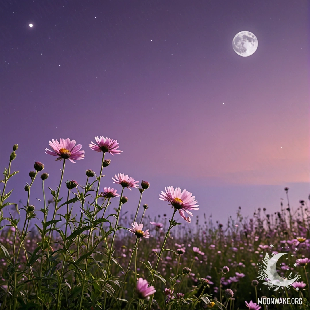 Close-up of flowers in a field under a pink violet sky with the moon.