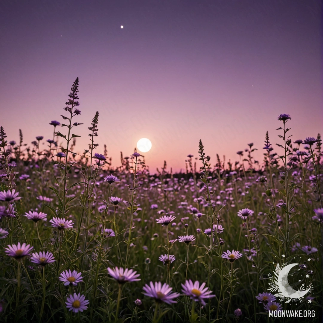 Close-up of serene flowers in a field against a night sky with a moon.