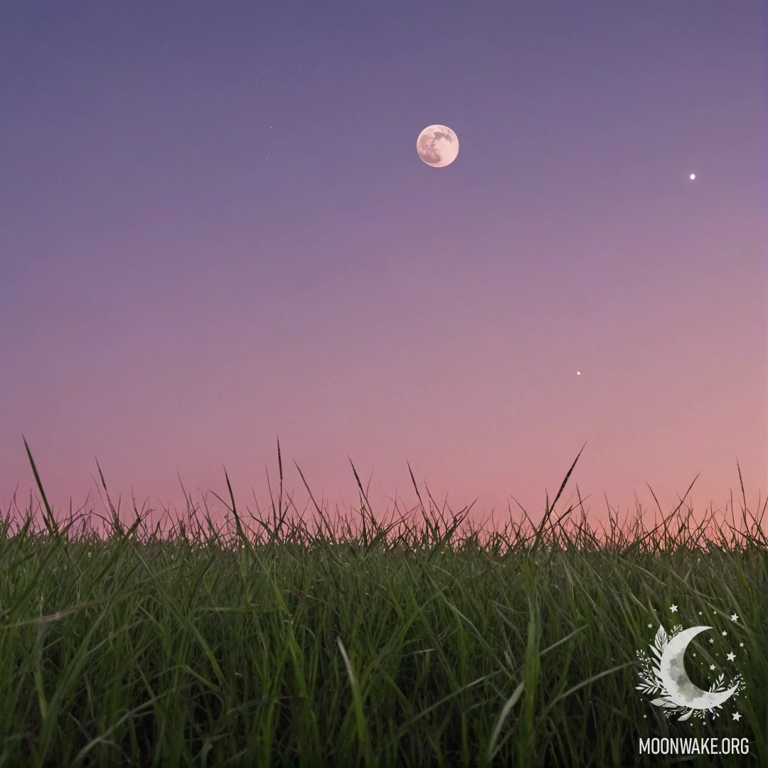 Moonlit Grass Field at Sunset Close-up of grassy field with a pink violet sky and the moon at sunset.