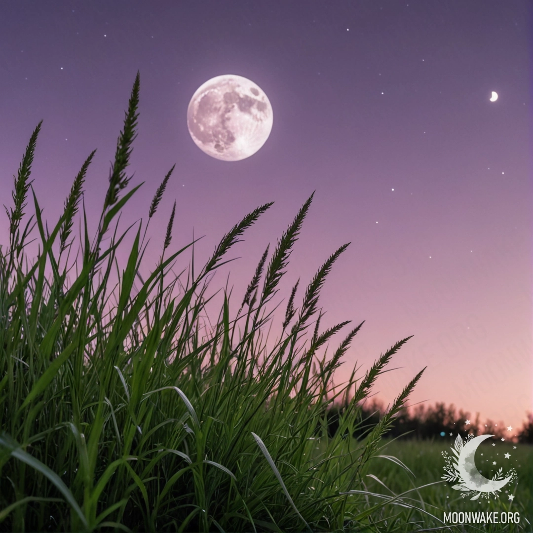 A close-up of grass in a calm field under a pink violet sky with the moon at night.