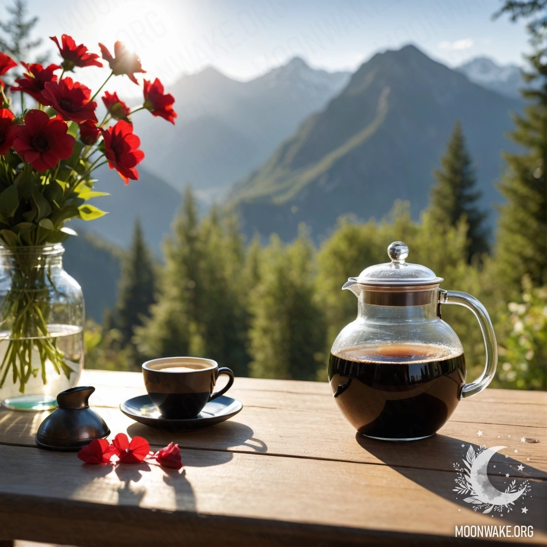 Mountain Retreat with Flowers and Coffee A calm wooden table adorned with a jar of red flowers, coffee pot, and cups, set against a picturesque mountain backdrop illuminated by sunlight.