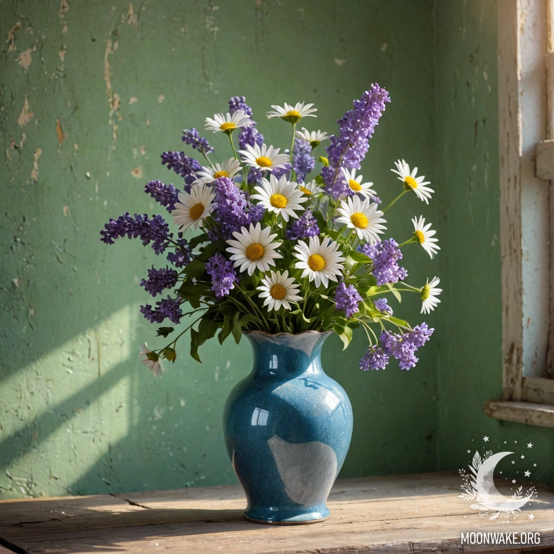 An old shabby blue door with a bouquet of poppies in the handle, shrouded in dense mist.