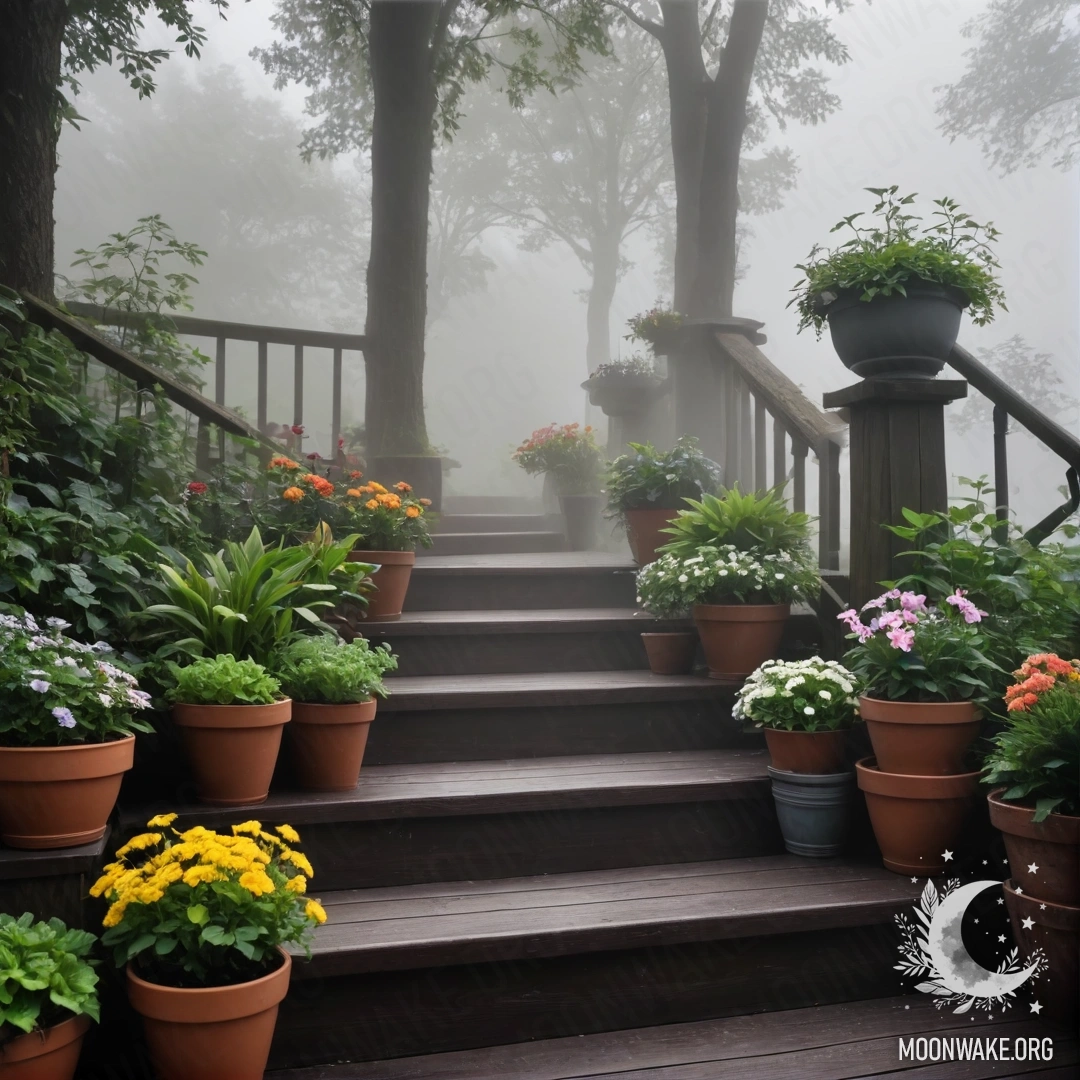 A wooden staircase shrouded in dense fog with flowerpots scattered around.