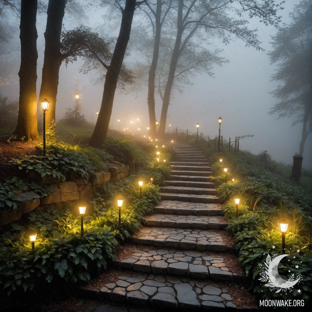 A garden path made of stones, a wooden staircase, and light garlands in thick fog.