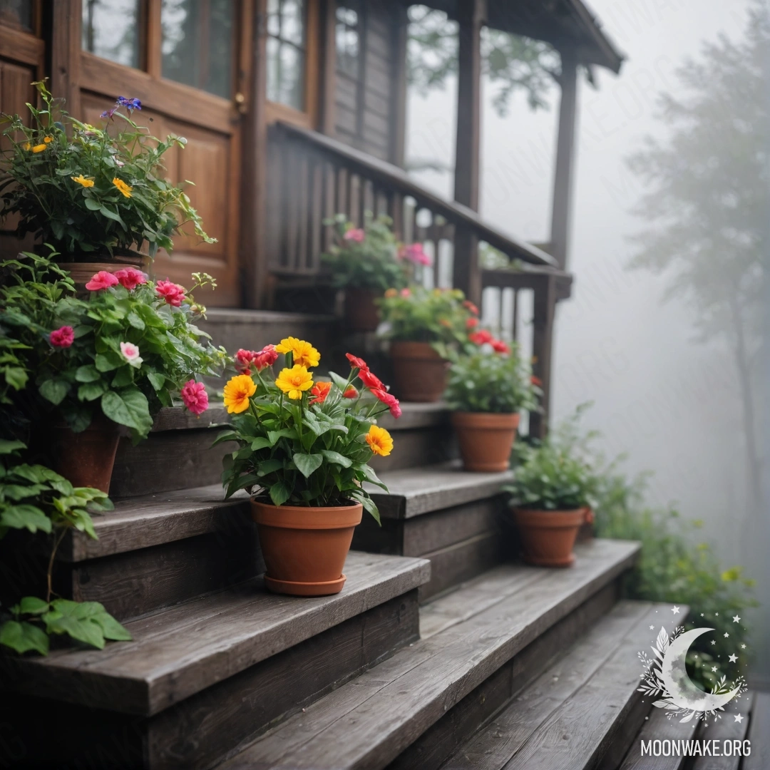A wooden staircase adorned with flowerpots shrouded in dense mist.