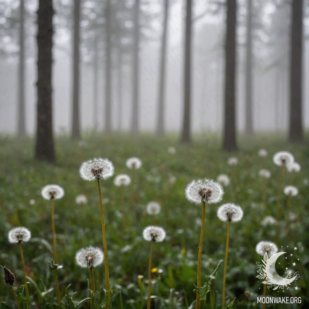 Close-up view of dandelions in a foggy forest background.