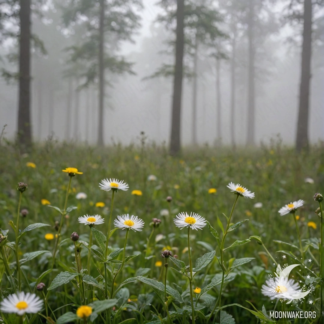 Close-up of delicate field flowers with a blurred forest backdrop in dense fog.