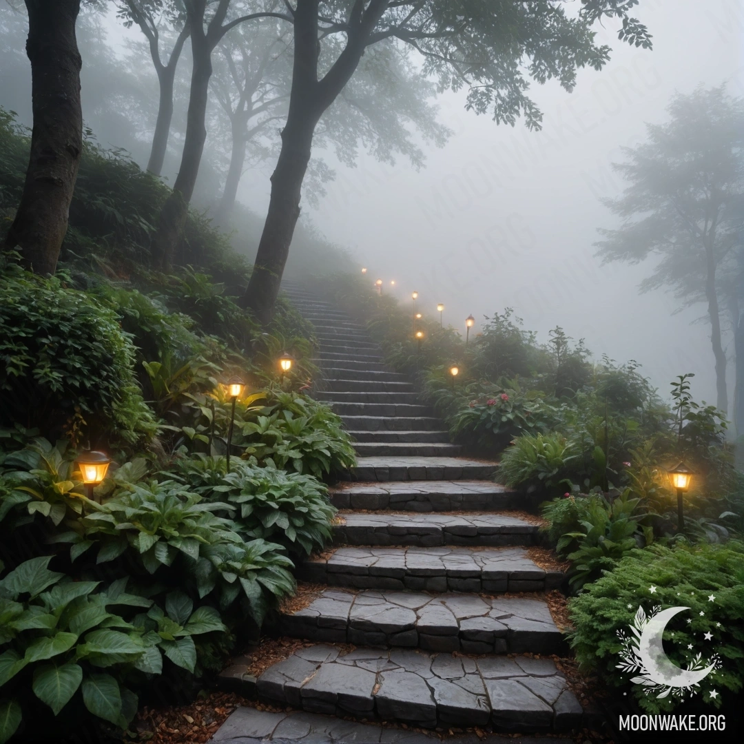 Mystical Garden Path in Heavy Fog A serene stone path leading through a garden adorned with light garlands in heavy fog.
