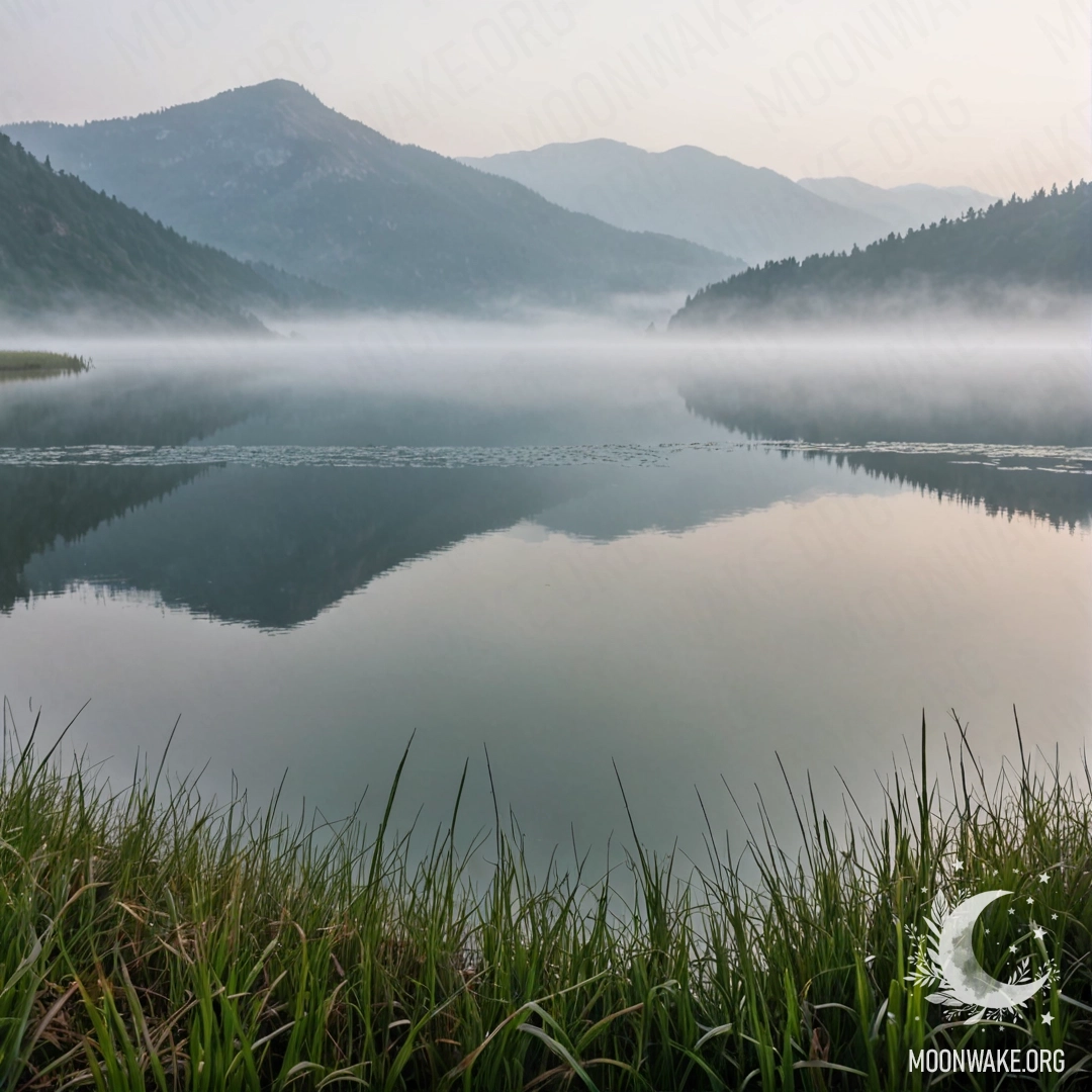 Close-up of grass in a field with a mountain lake in the background, shrouded in thick fog.