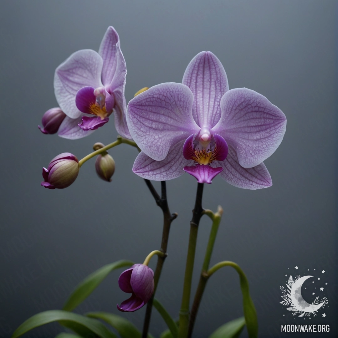 A delicate orchid surrounded by fog, evoking a serene night atmosphere.