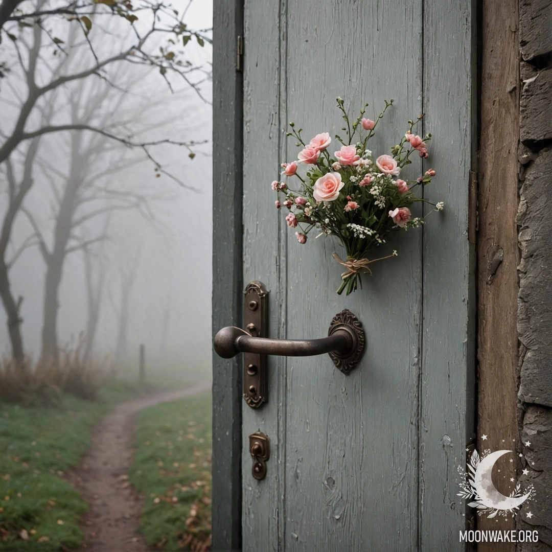 A shabby door with twigs and flowers on the handle, surrounded by heavy fog.