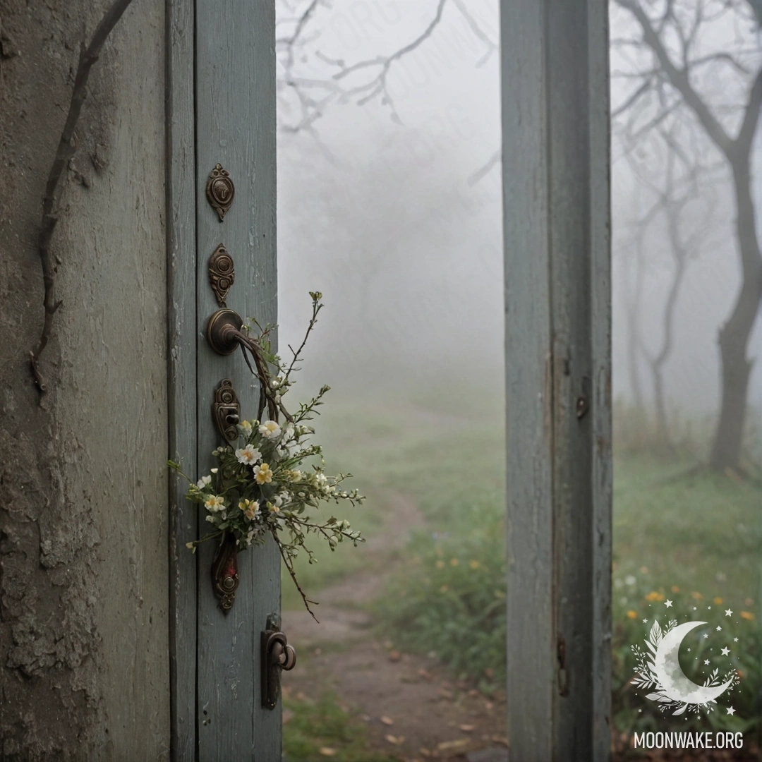 A shabby door adorned with twigs and flowers in heavy fog.