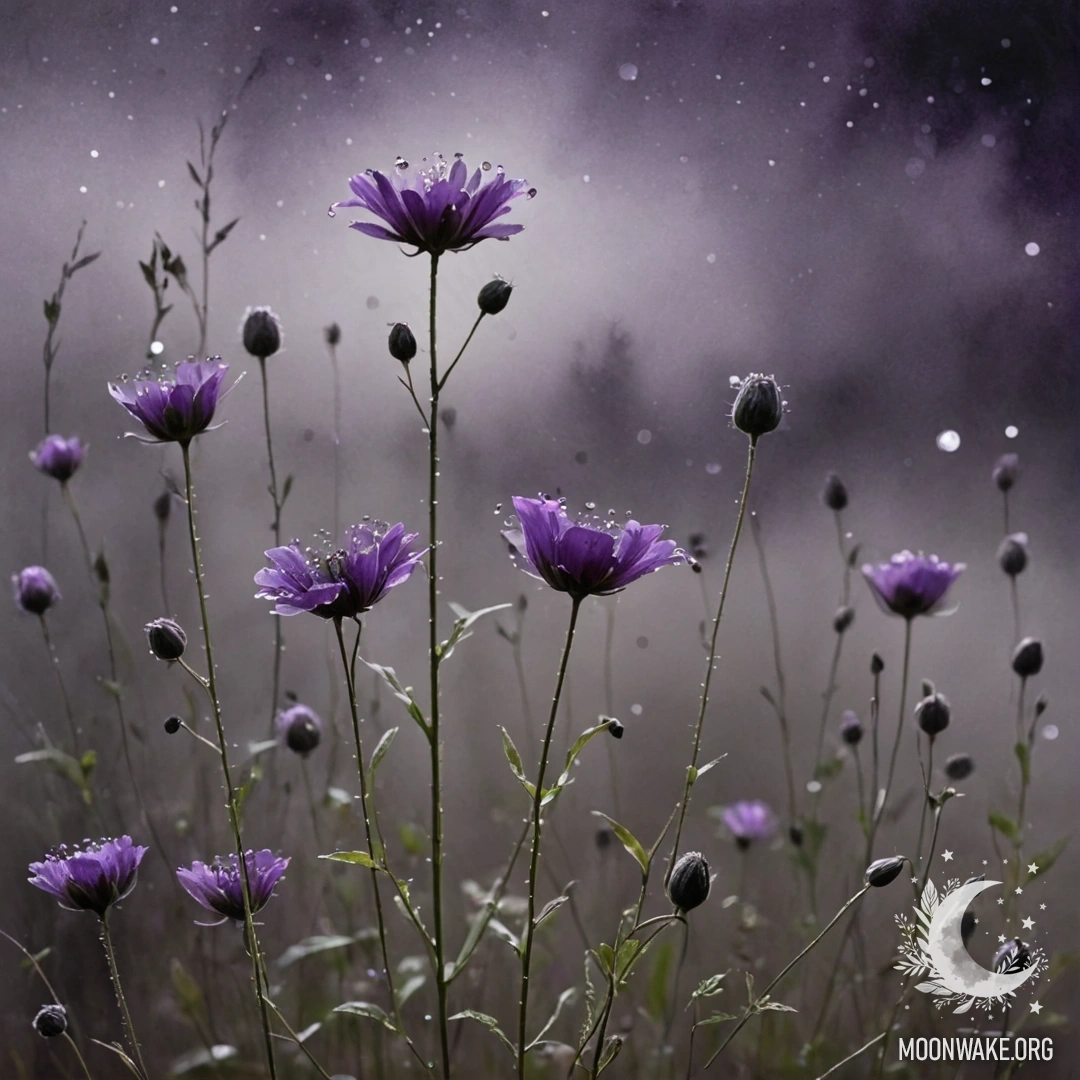 A dreamy scene of purple wildflowers emerging from the mist at night.