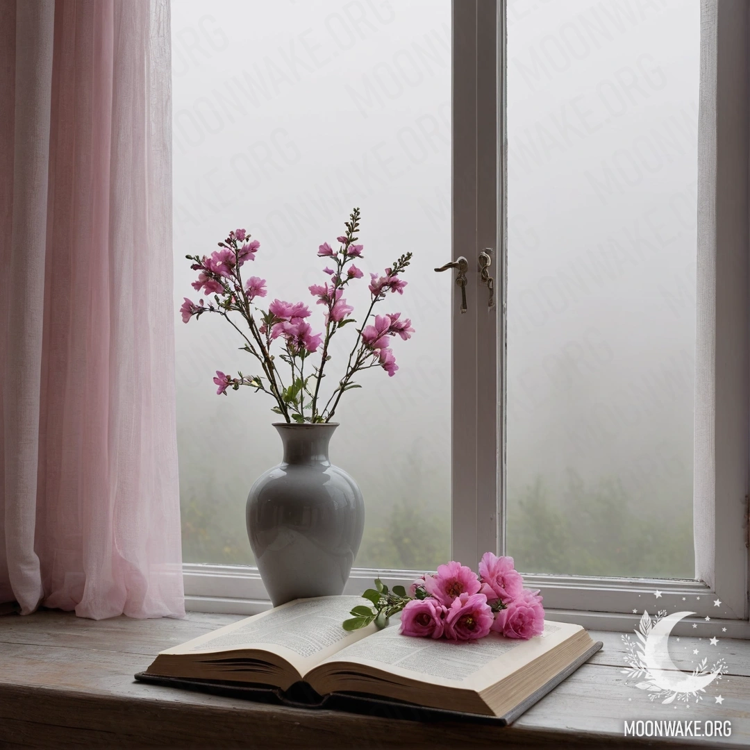 An old shabby book and a gray vase with pink flowers on a wooden window sill, surrounded by dense fog.