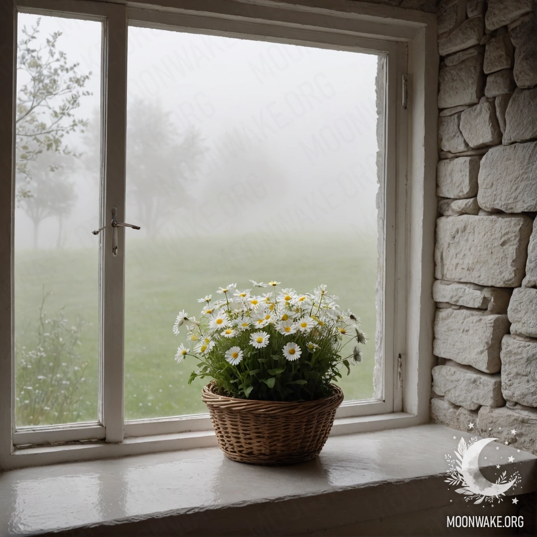 An abstract white stone wall with an open window and a basket of daisies on the windowsill shrouded in dense fog.