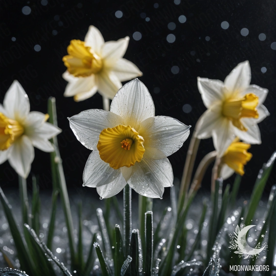 Narcissus in Frosty Night A golden narcissus flower adorned with frost against a dark backdrop, glinting with glitter.