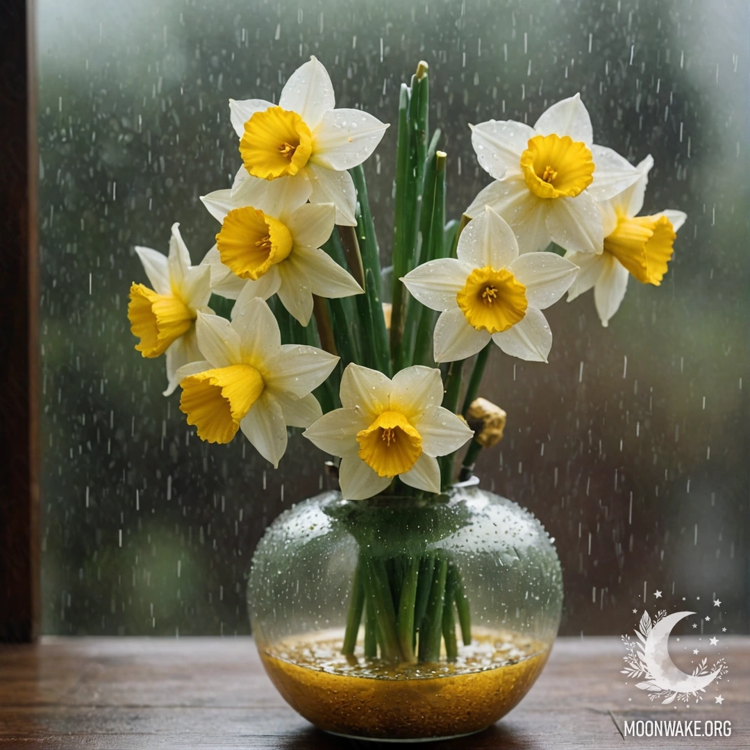 A beautiful narcissus flower in a golden vase, surrounded by mist and rain.