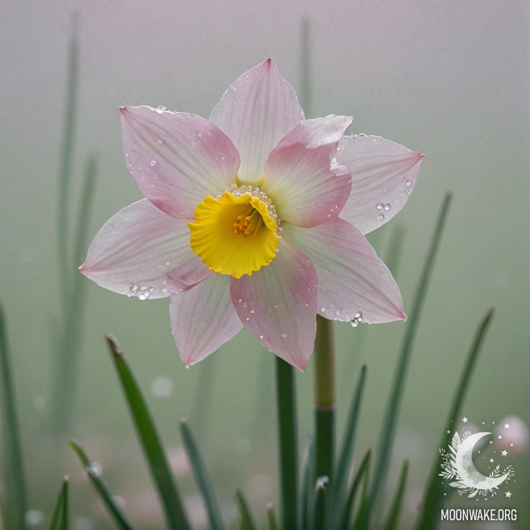 A delicate pink narcissus surrounded by mist, adorned with rhinestones.