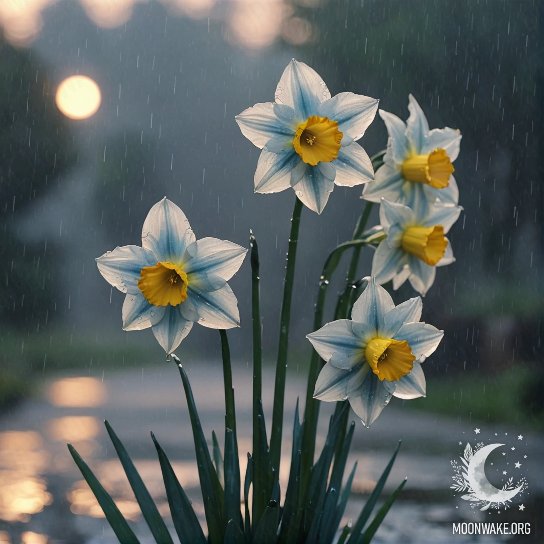 Narcissus in the Mist at Sunset A delicate bouquet of blue narcissus flowers in the mist and rain during sunset.