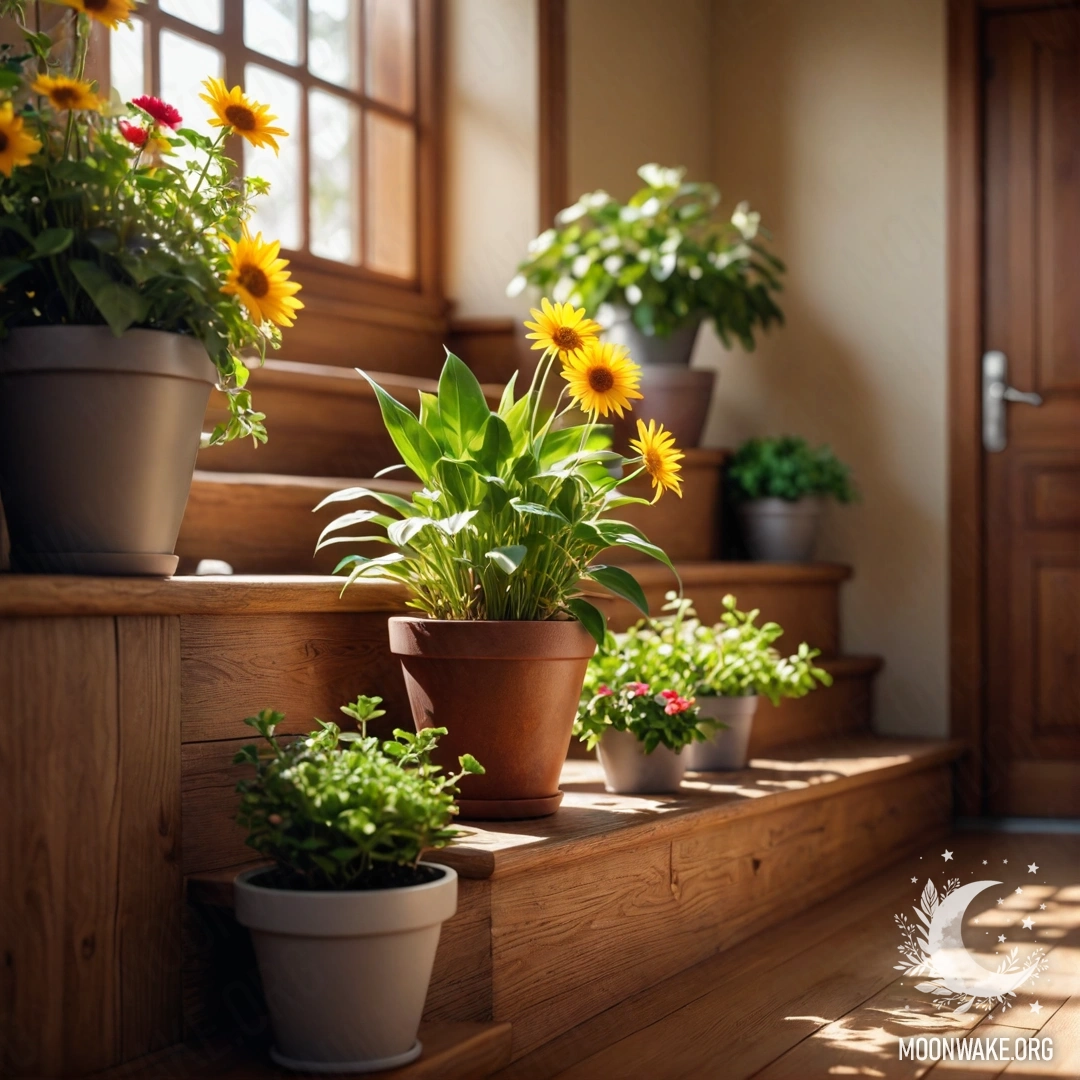 Sweet Flowerpots on Wooden Staircase A wooden staircase adorned with flowerpots lit by sun rays.