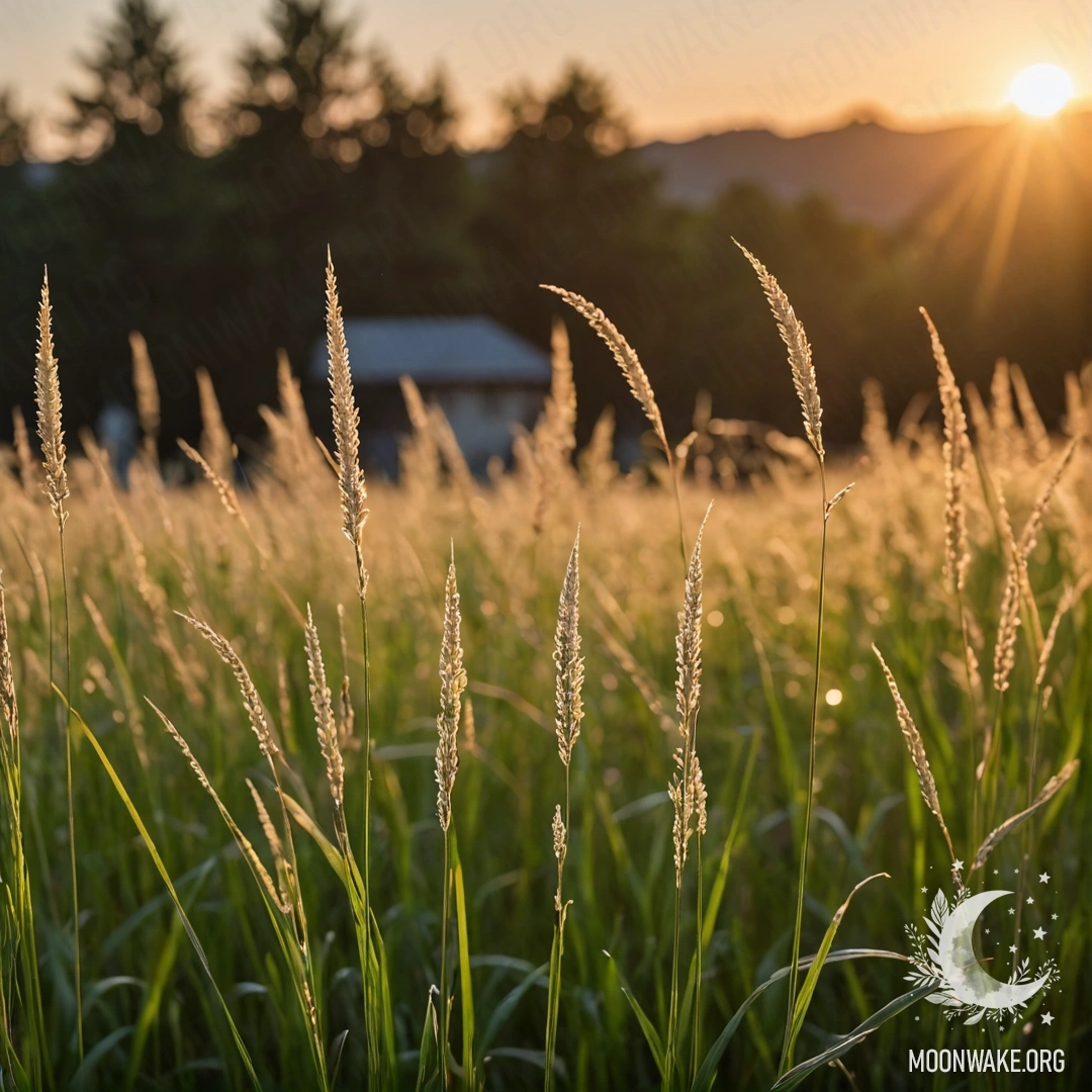 Close-up of sweet field grass against a bokeh sunset background.