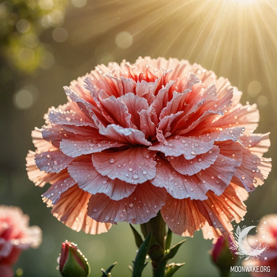 Sweet Carnation with Dew Drops and Sunny Rays A delicate carnation with dew drops glistening in the sunlight.