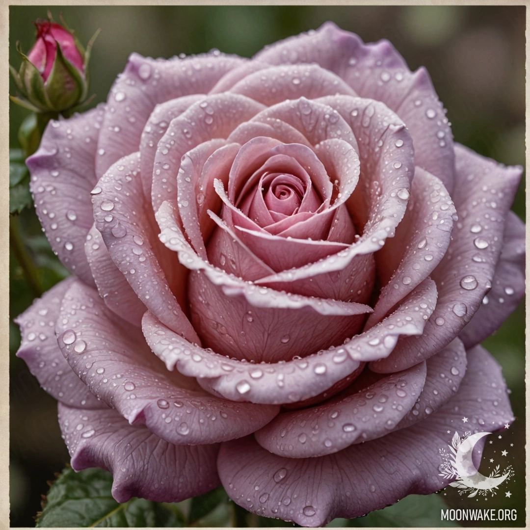 A delicate rose adorned with dew drops on a vintage postcard.