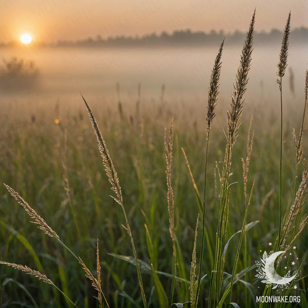 Sweet Grass in Misty Sunset Close-up of sweet grass in a foggy field during sunset.