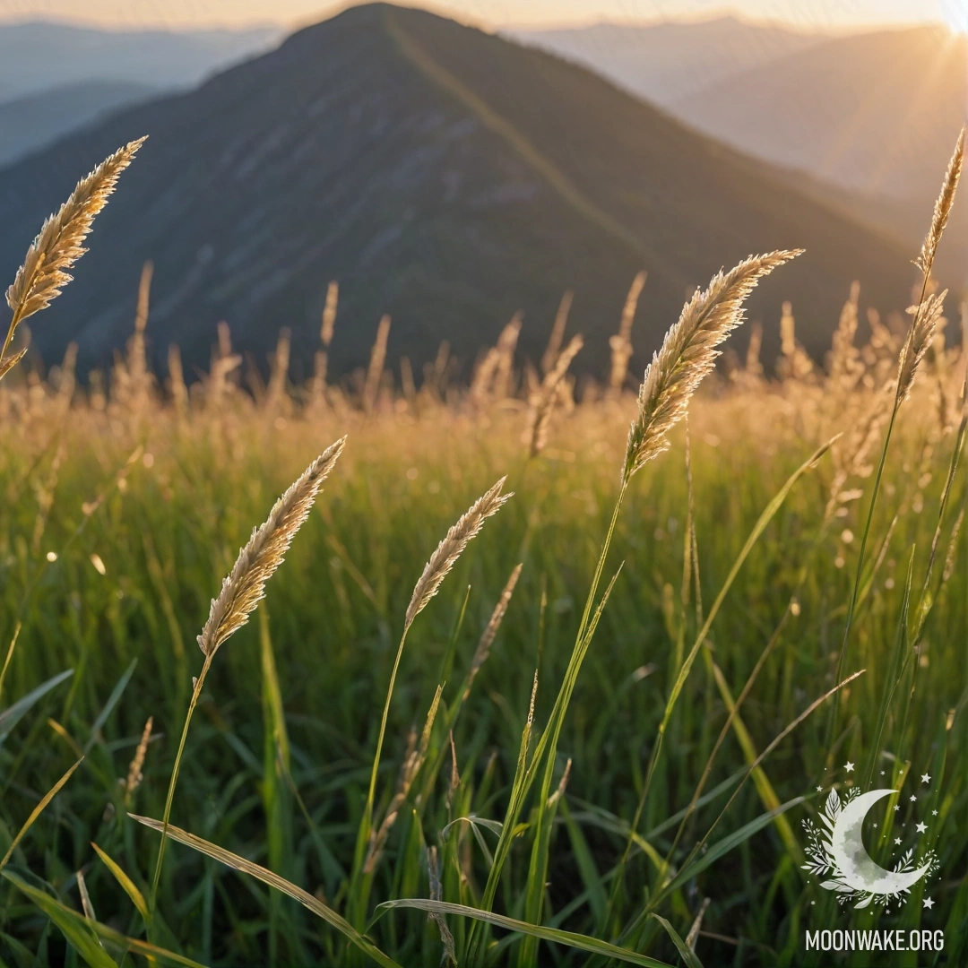 Close-up of sweet field grass in front of blurred mountains at sunset.