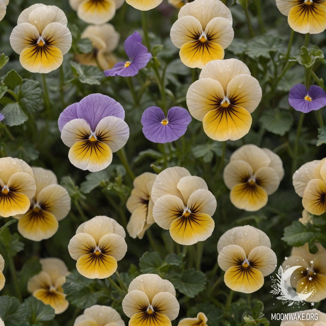 A delicate arrangement of pansies in misty rain during sunset.