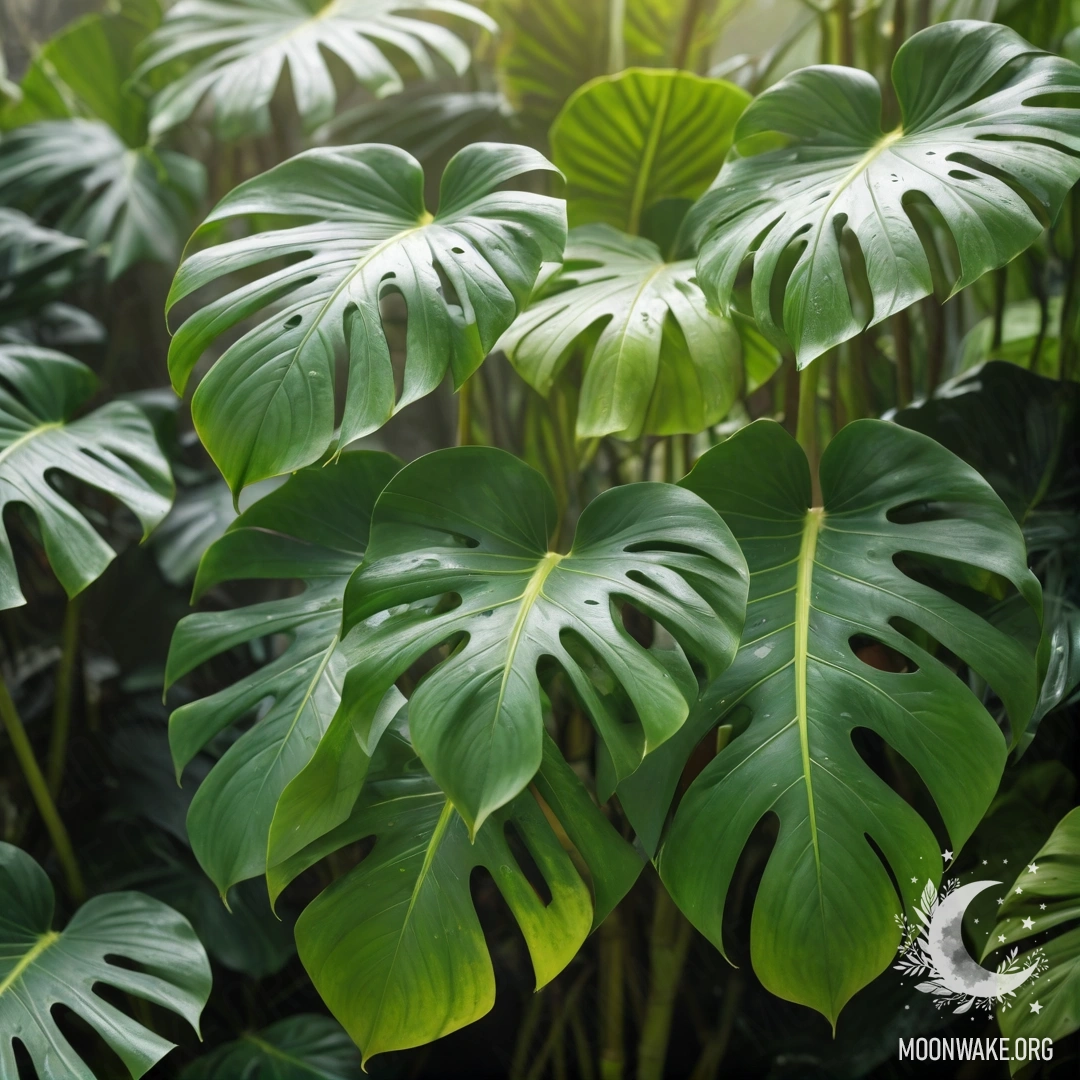 A serene scene of green monstera leaves in soft fog illuminated by sunshine.