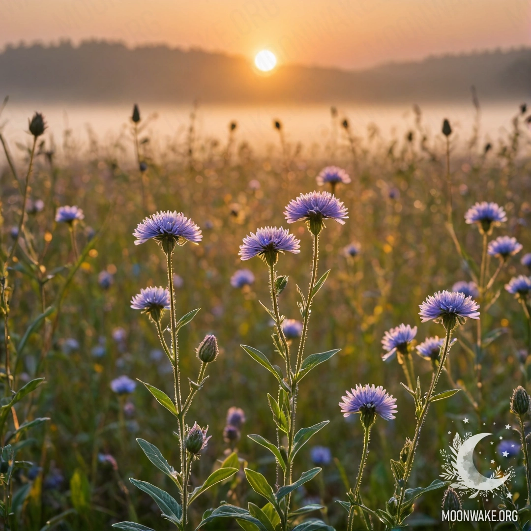 Close-up view of sweet field flowers with a blurred background of fog and sunset.