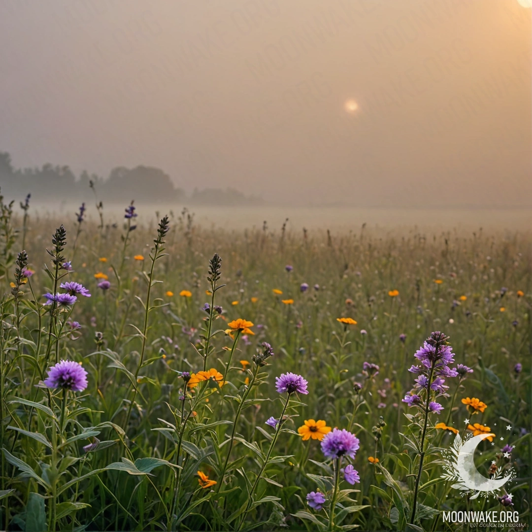 Close-up of beautiful field flowers with a bokeh effect in a foggy sunset