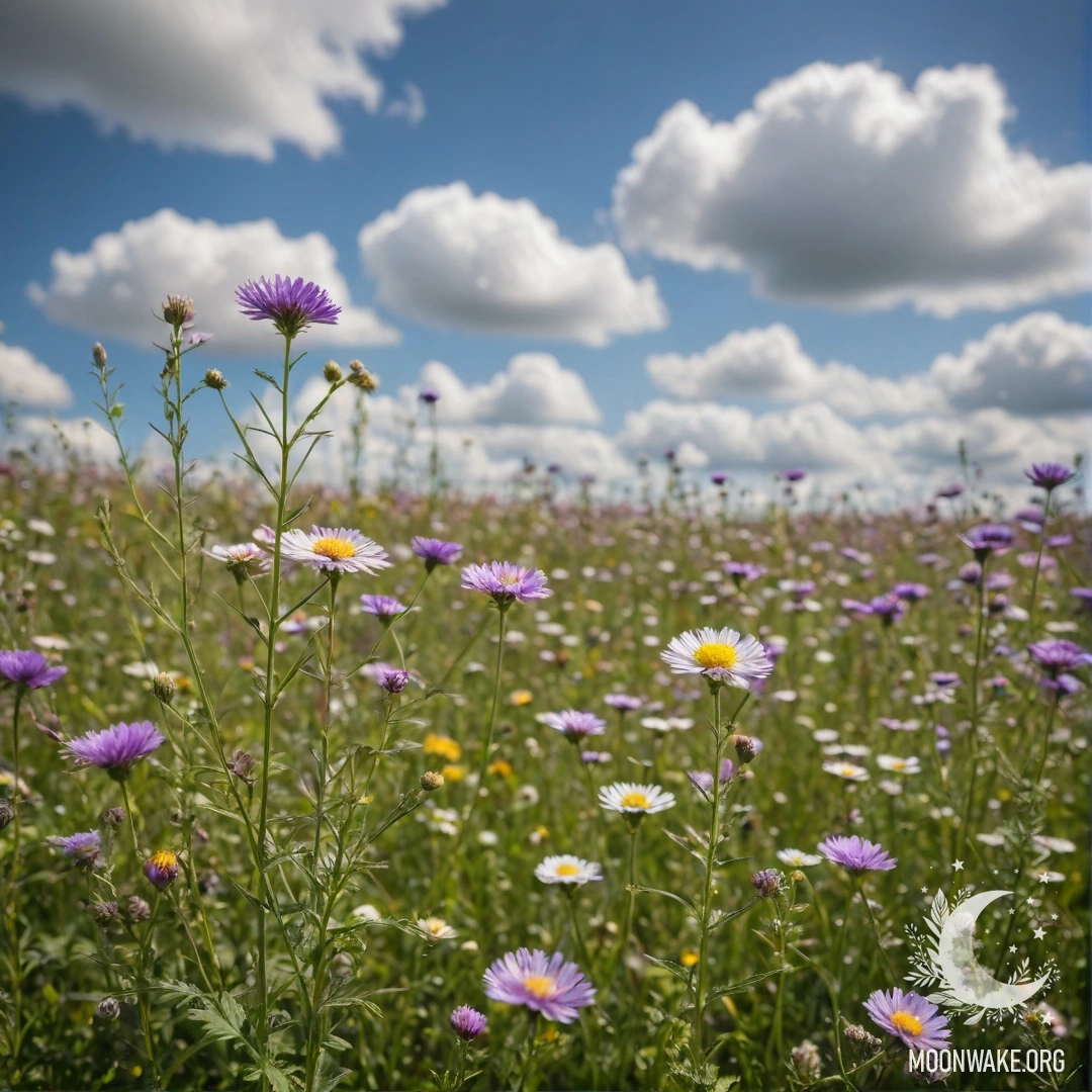A close-up of delicate field flowers set against a blurred sky with clouds.