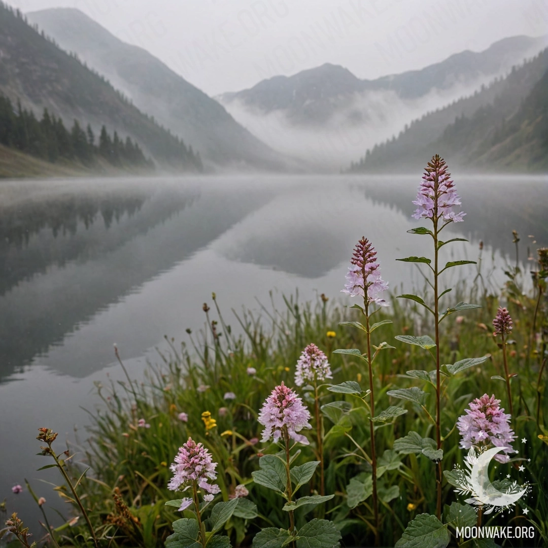 Close-up of delicate wildflowers in a misty landscape with mountains and a lake in the background.