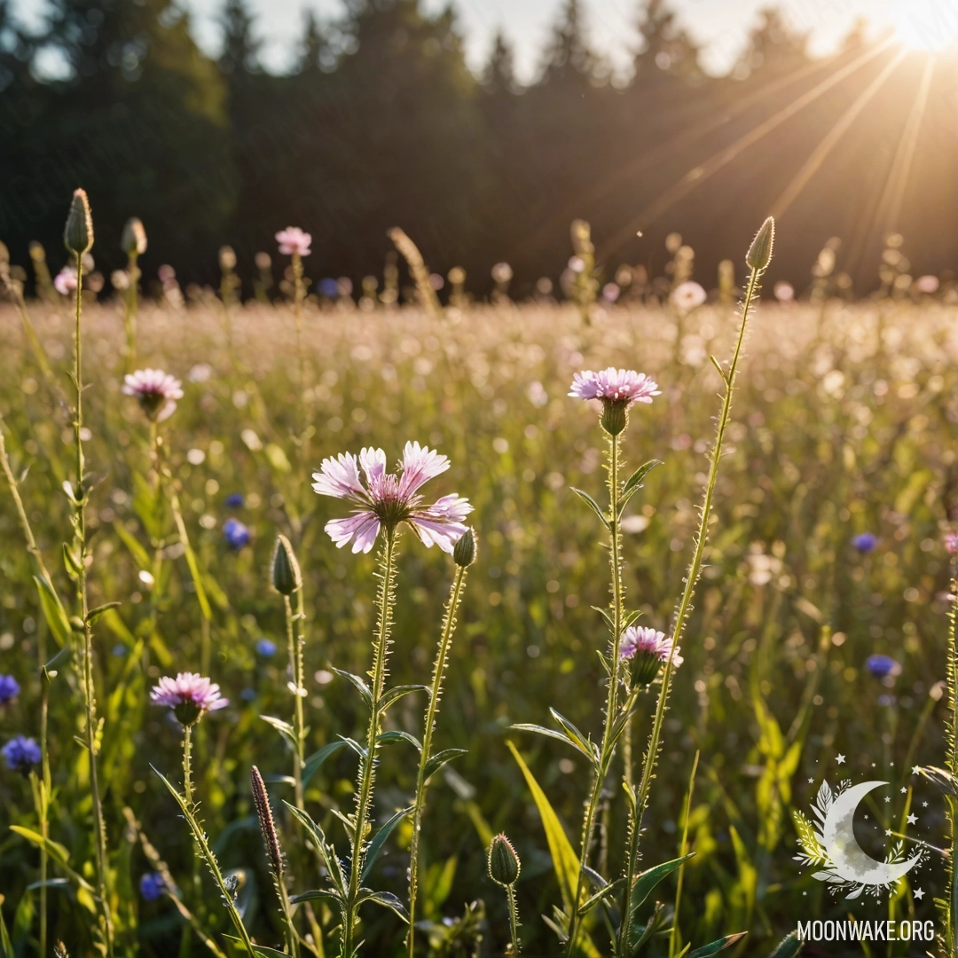 Sweet Field Flowers in Bokeh Close-up of delicate field flowers with blurred background and lens flares.