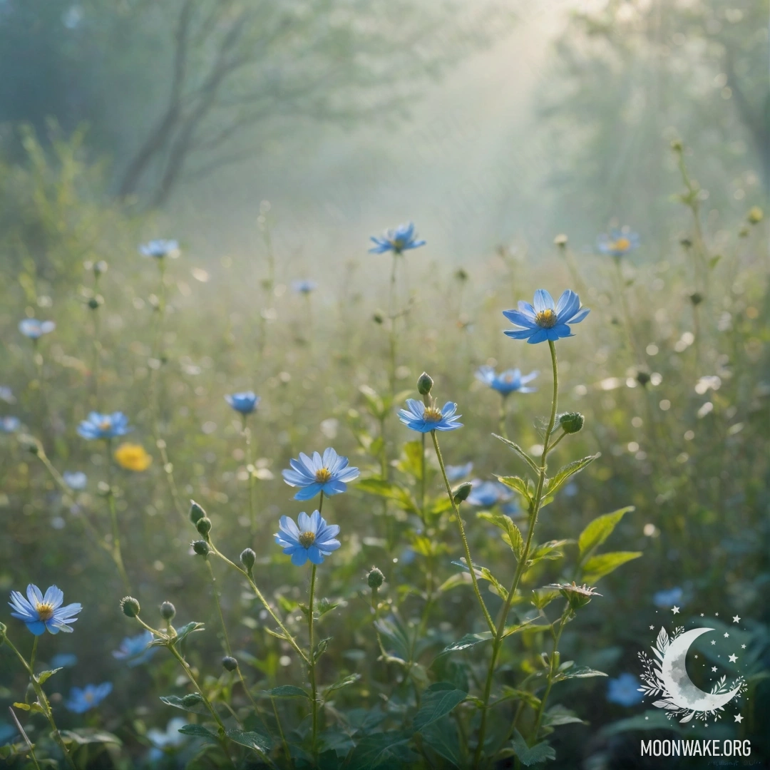 A scene of delicate wildflowers enveloped in fog with sunlight rays in the background.