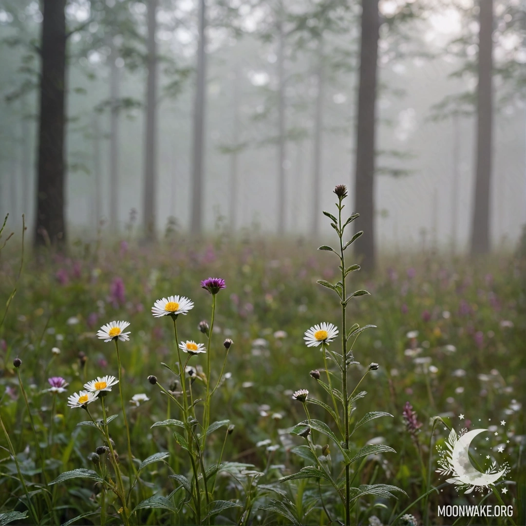 Close-up of sweet field flowers surrounded by dense mist in a forest.