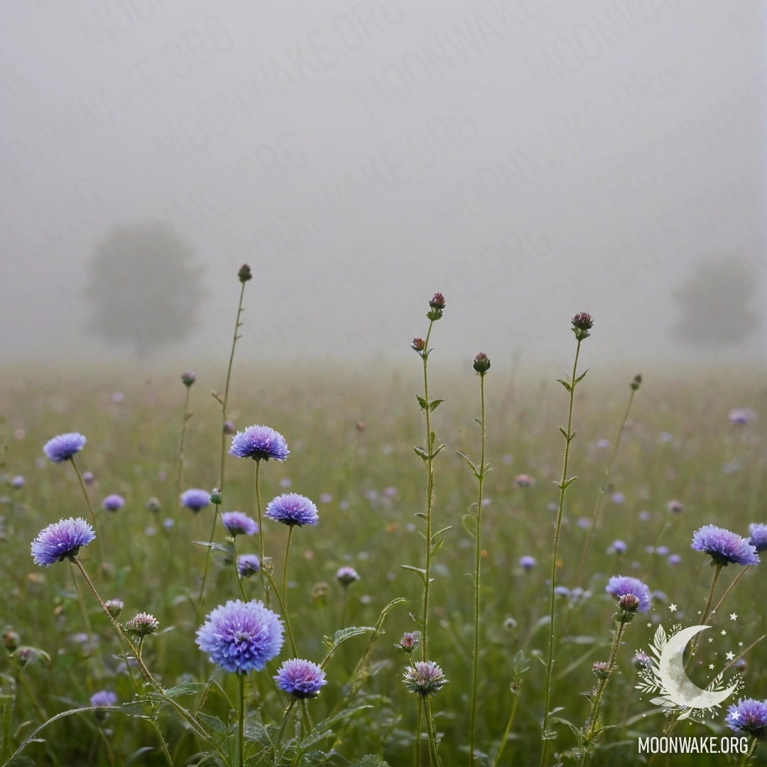Sweet Field Flowers in Misty Fog Close-up of delicate flowers in a dense fog with a bokeh sky.