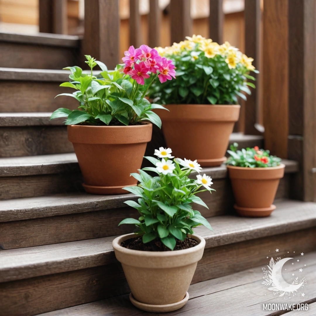 Sweet Flowerpots on a Wooden Staircase A wooden staircase adorned with flowerpots and delicate lenses.
