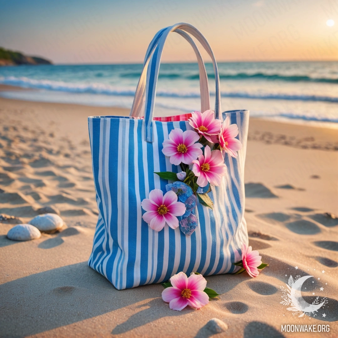 A white and blue striped bag filled with pink flowers on a sandy beach during sunset, with a blue sea and sky in the background.
