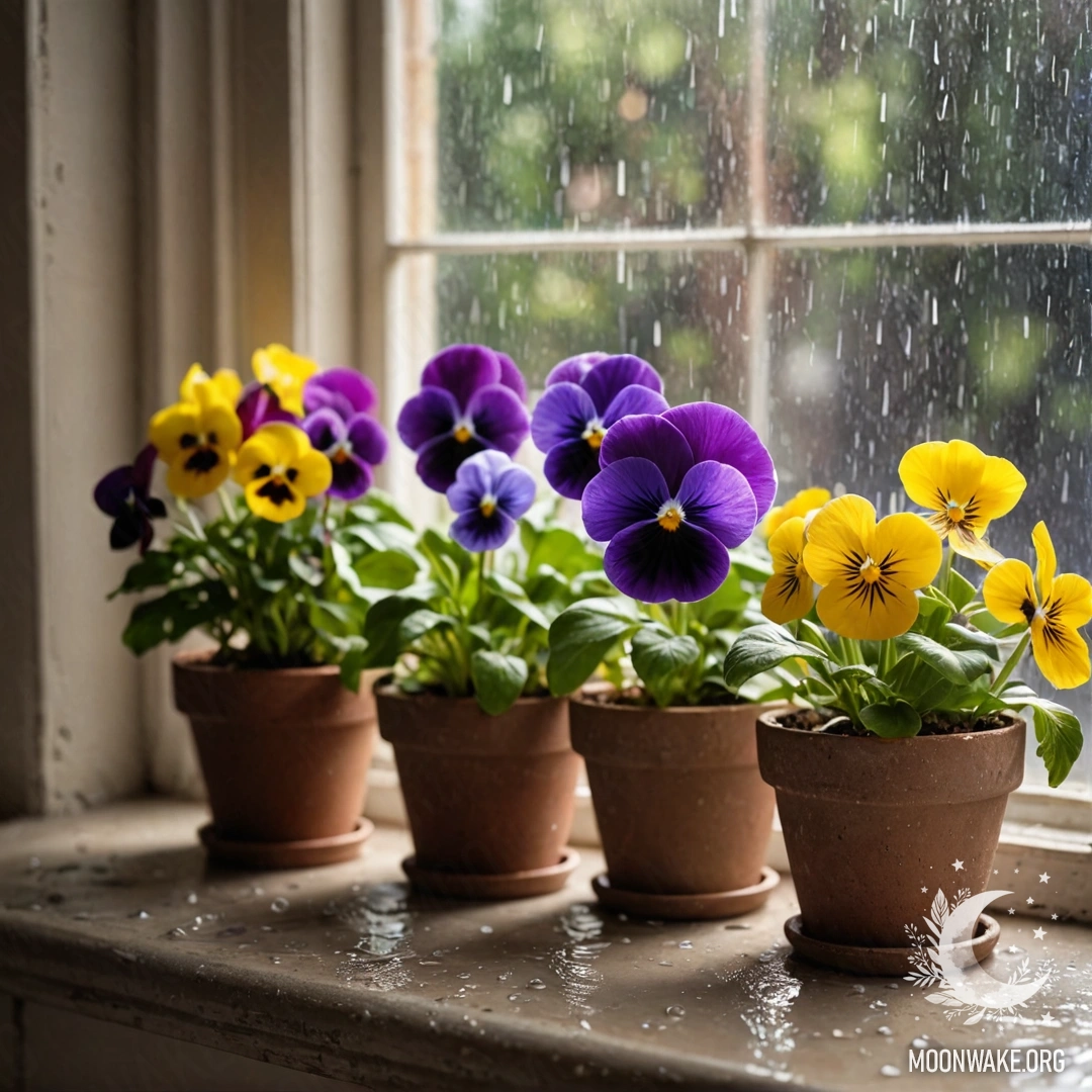 Sweet Vintage Flowerpots Under Rain Vintage flowerpots on a shabby windowsill with pansies in the rain