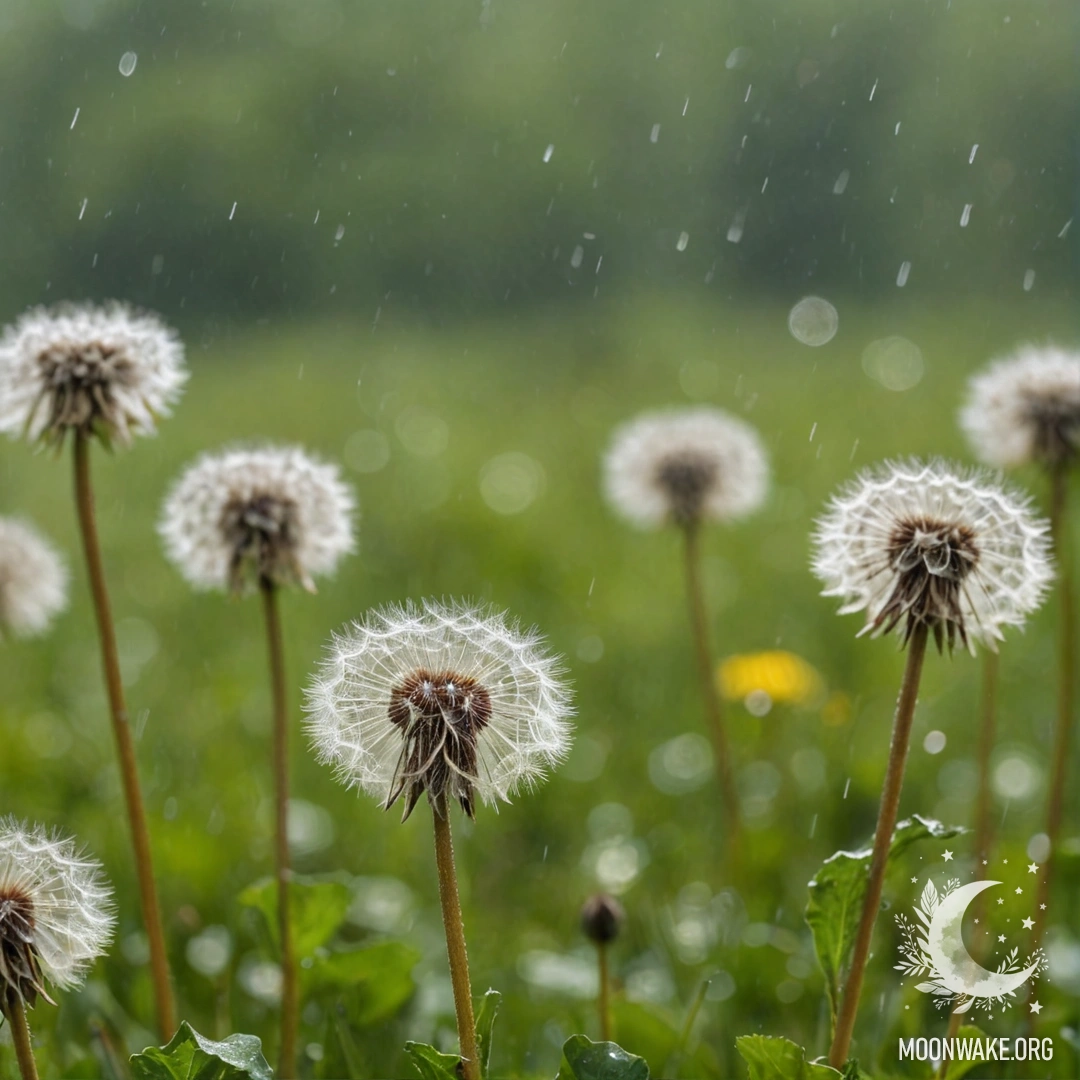 Sunny Dandelion Field in Rain Close-up of dandelions with bokeh background in the rain.