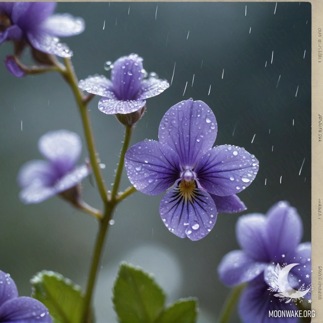 A delicate blue violet adorned with rhinestones, shimmering in the rain.