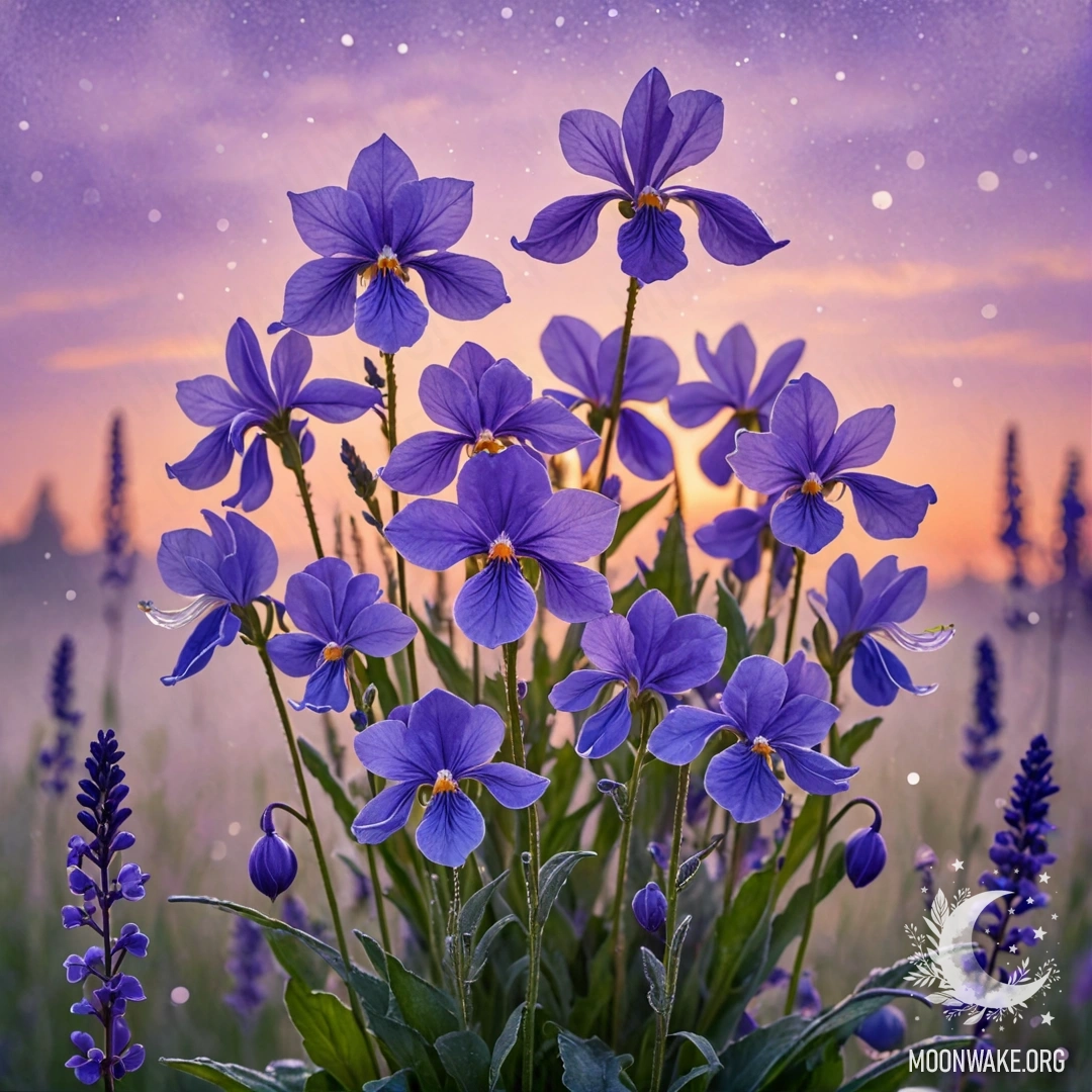 A delicate sweet violet surrounded by mist at sunset, shimmering with glitter.