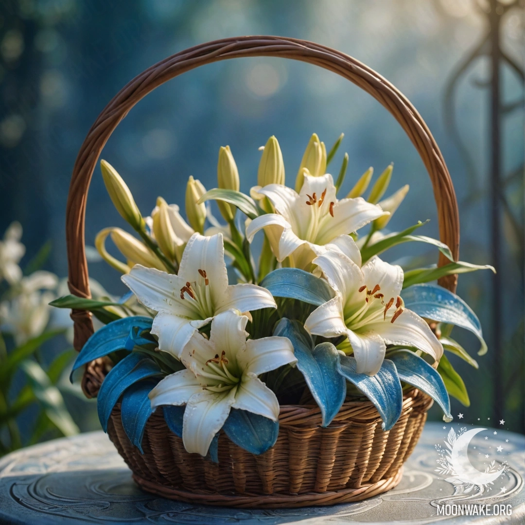 A delicate lily in a blue basket surrounded by mist and sunlight.