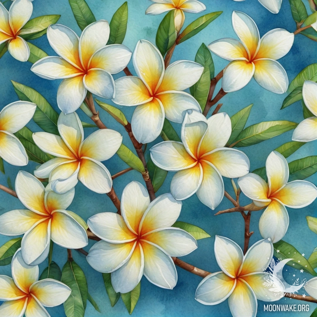A watercolor painting of sweet plumeria flowers in greenish blue hues with sunny rays.