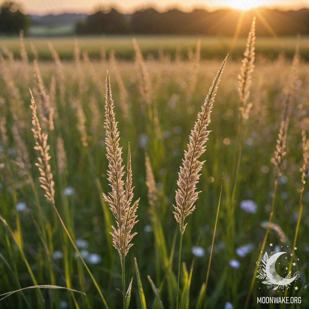 Gentle Evening Grass Against Blurry Floral Field Close-up of soft grass in a field with blurred colorful flowers at sunset.
