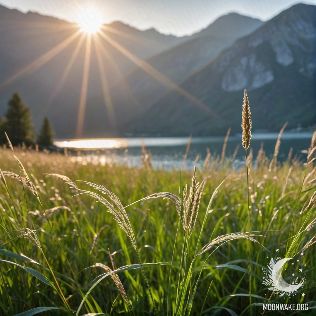 Close-up of sweet grass in front of a dreamy bokeh lake, with sun rays.
